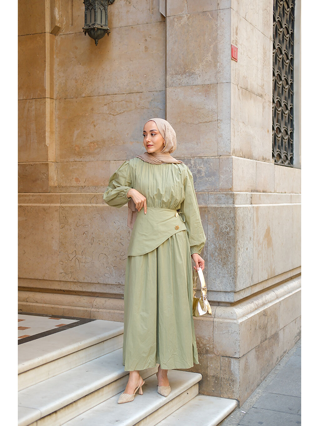 Kadın Kuşaklı Kraş Elbise Küf Yeşil-1