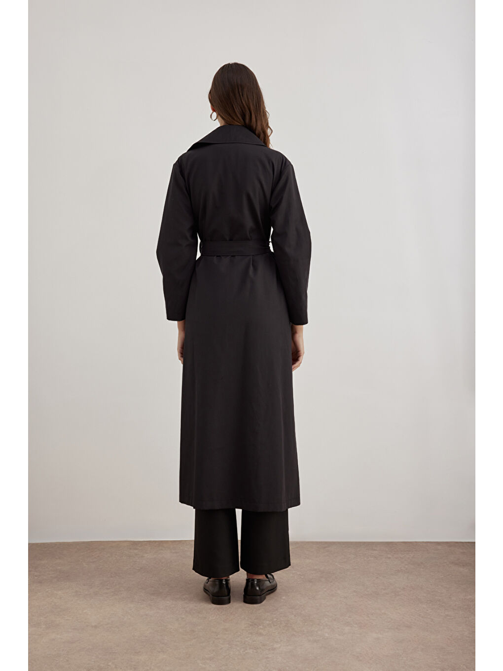 Siyah 7183111 Kemer Detaylı Pardösü-5