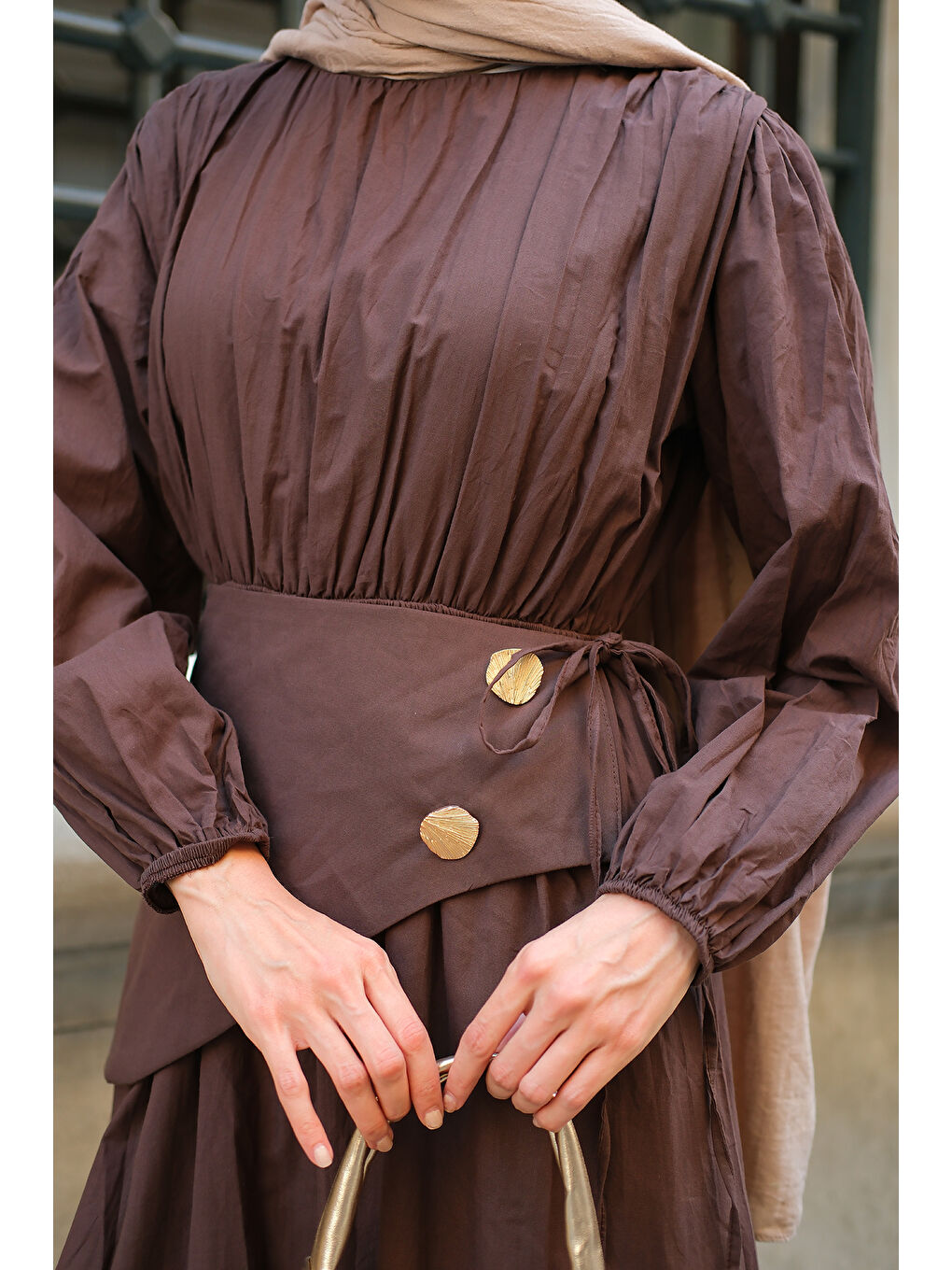 Kadın Kuşaklı Kraş Elbise Kahverengi-4