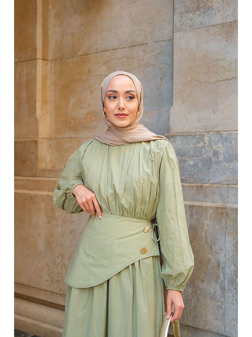 Kadın Kuşaklı Kraş Elbise Küf Yeşil-2