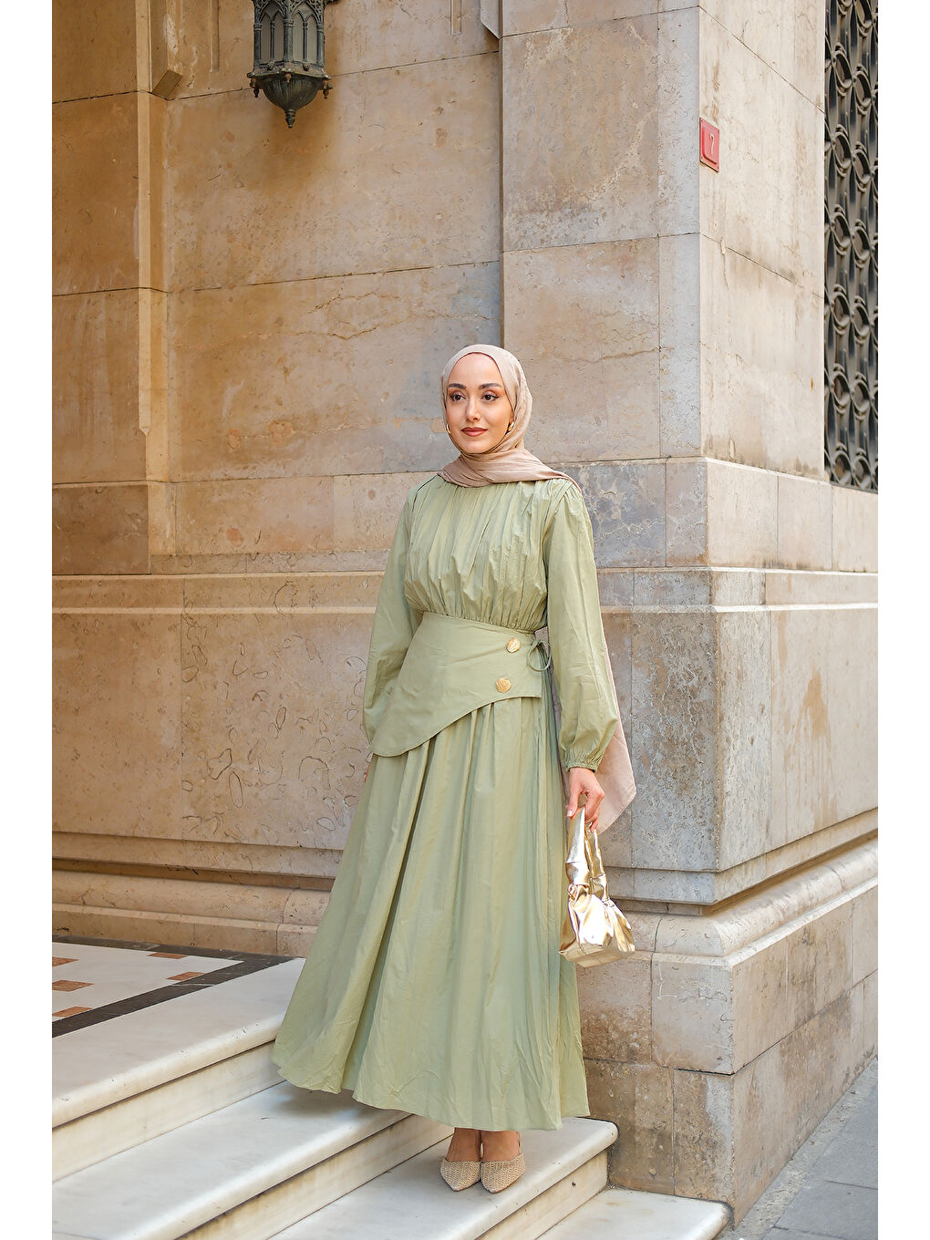 Kadın Kuşaklı Kraş Elbise Küf Yeşil-3