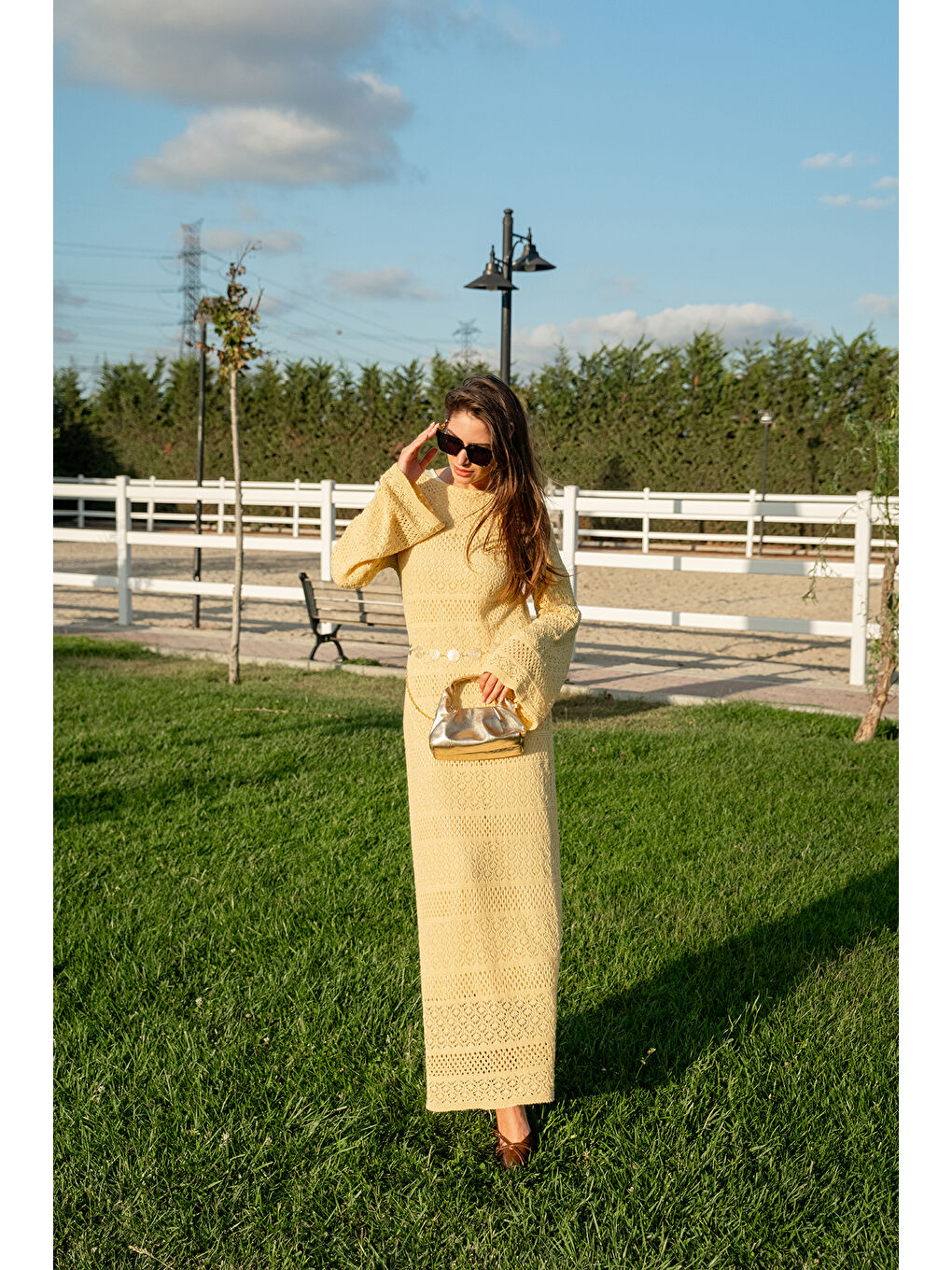 Kadın Ajur Kendinden Desenli Elbise Sarı-2