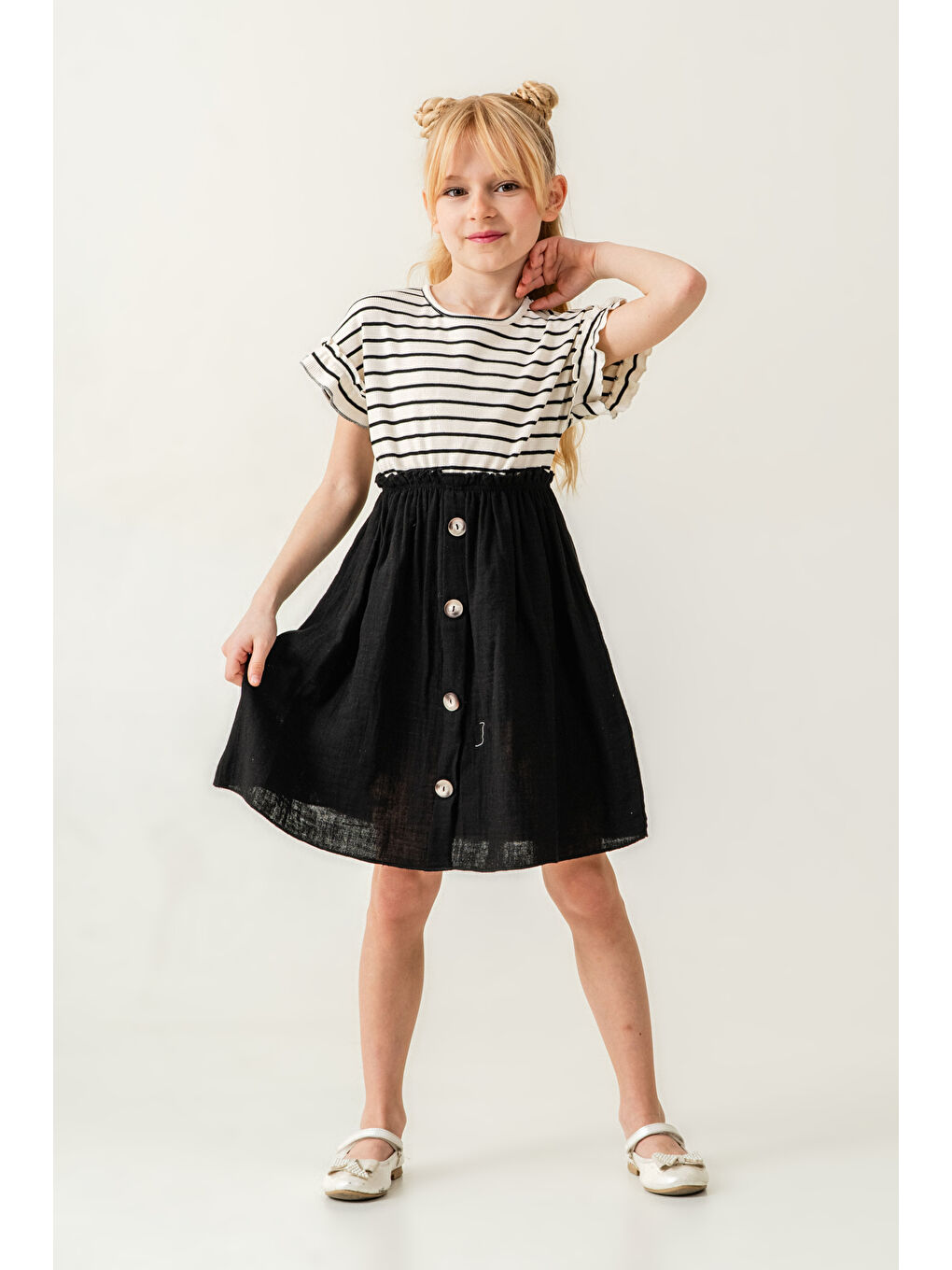 Kız Çocuk Çizgili Düğme Detaylı Elbise 3-7 Yaş Siyah 3800-5
