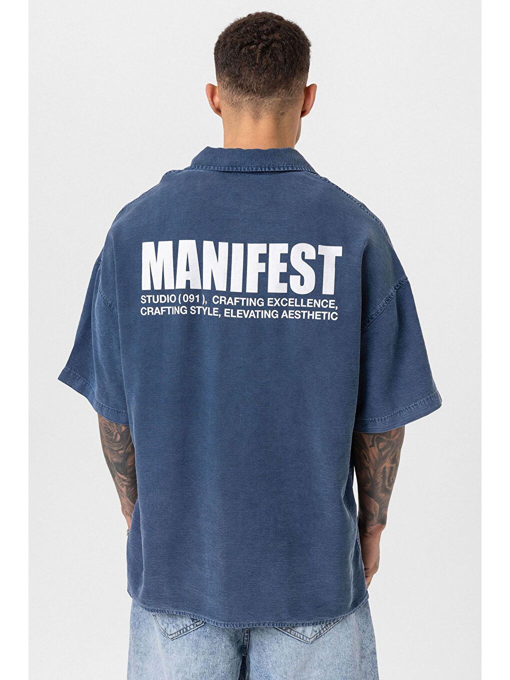 Yıkamalı Oversize Baskılı Kısa Kollu Gömlek İndigo-4