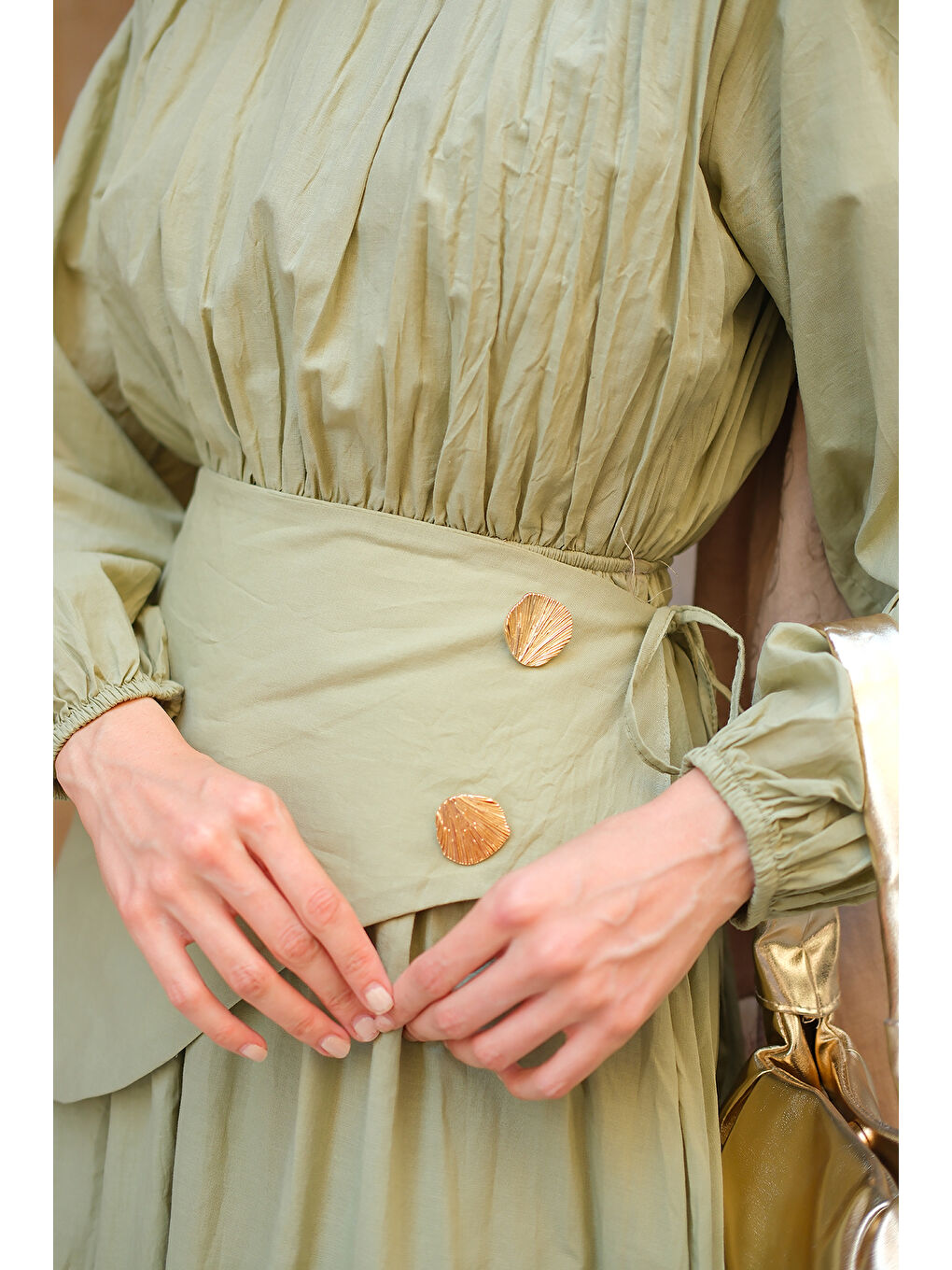 Kadın Kuşaklı Kraş Elbise Küf Yeşil-4