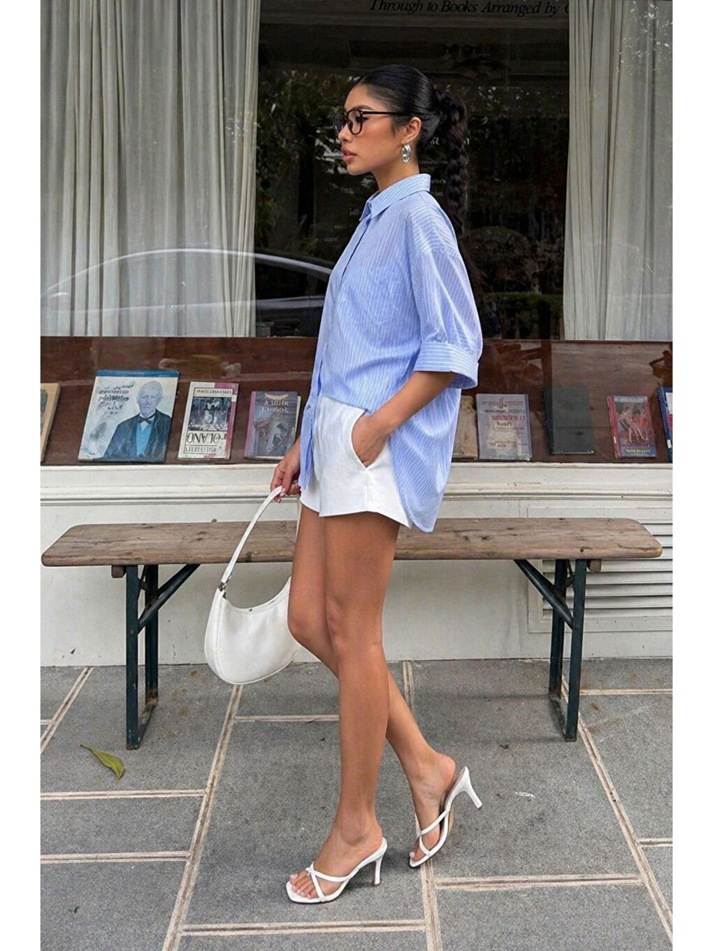 Kadın Mavi Çizgili Sırt Dekolteli Oversize Gömlek Yazlık Uzun Gömlek-4