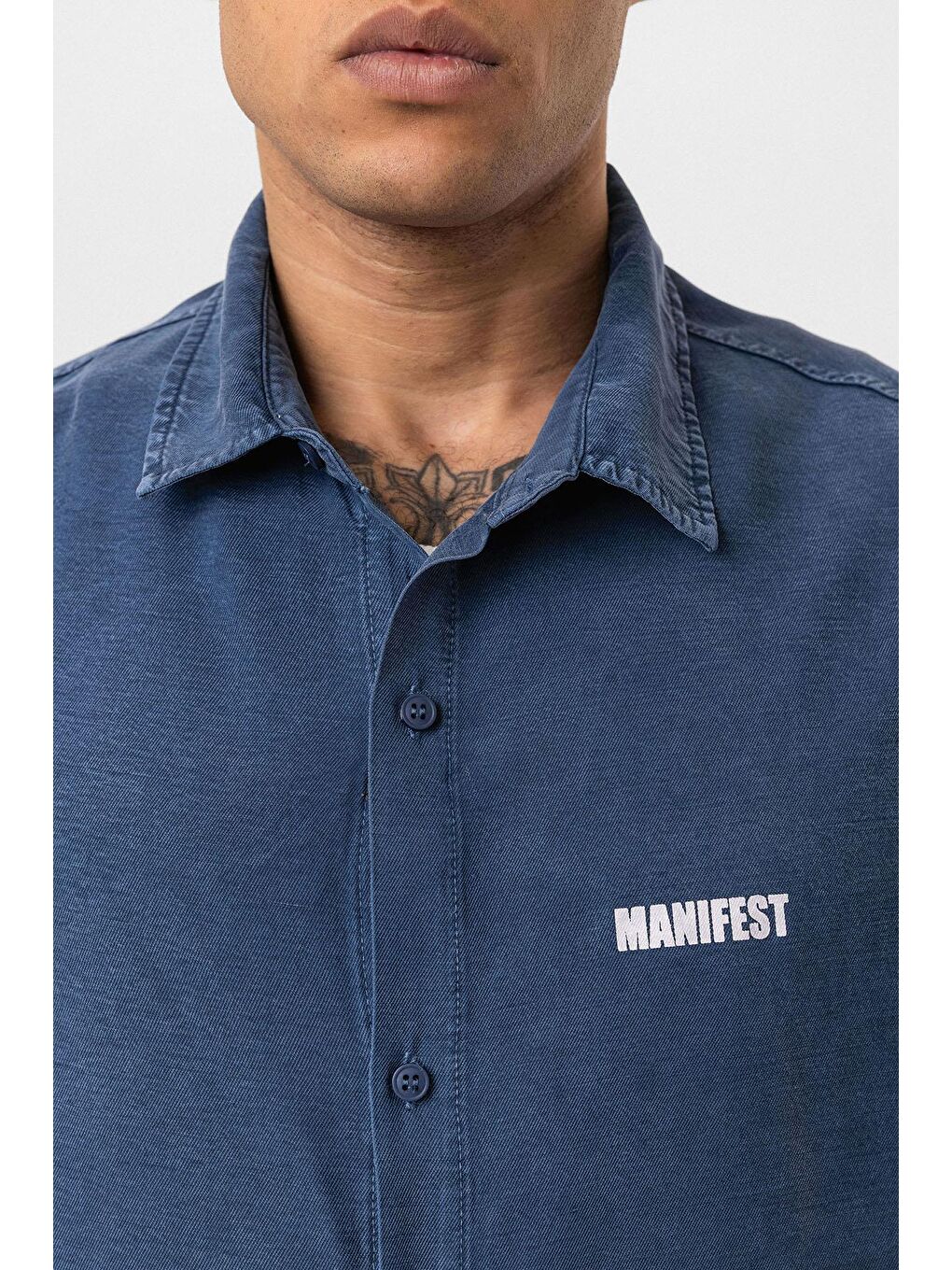 Yıkamalı Oversize Baskılı Kısa Kollu Gömlek İndigo-5