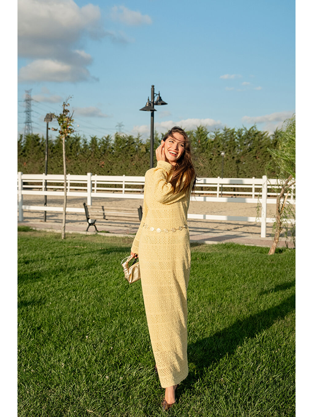 Kadın Ajur Kendinden Desenli Elbise Sarı-3