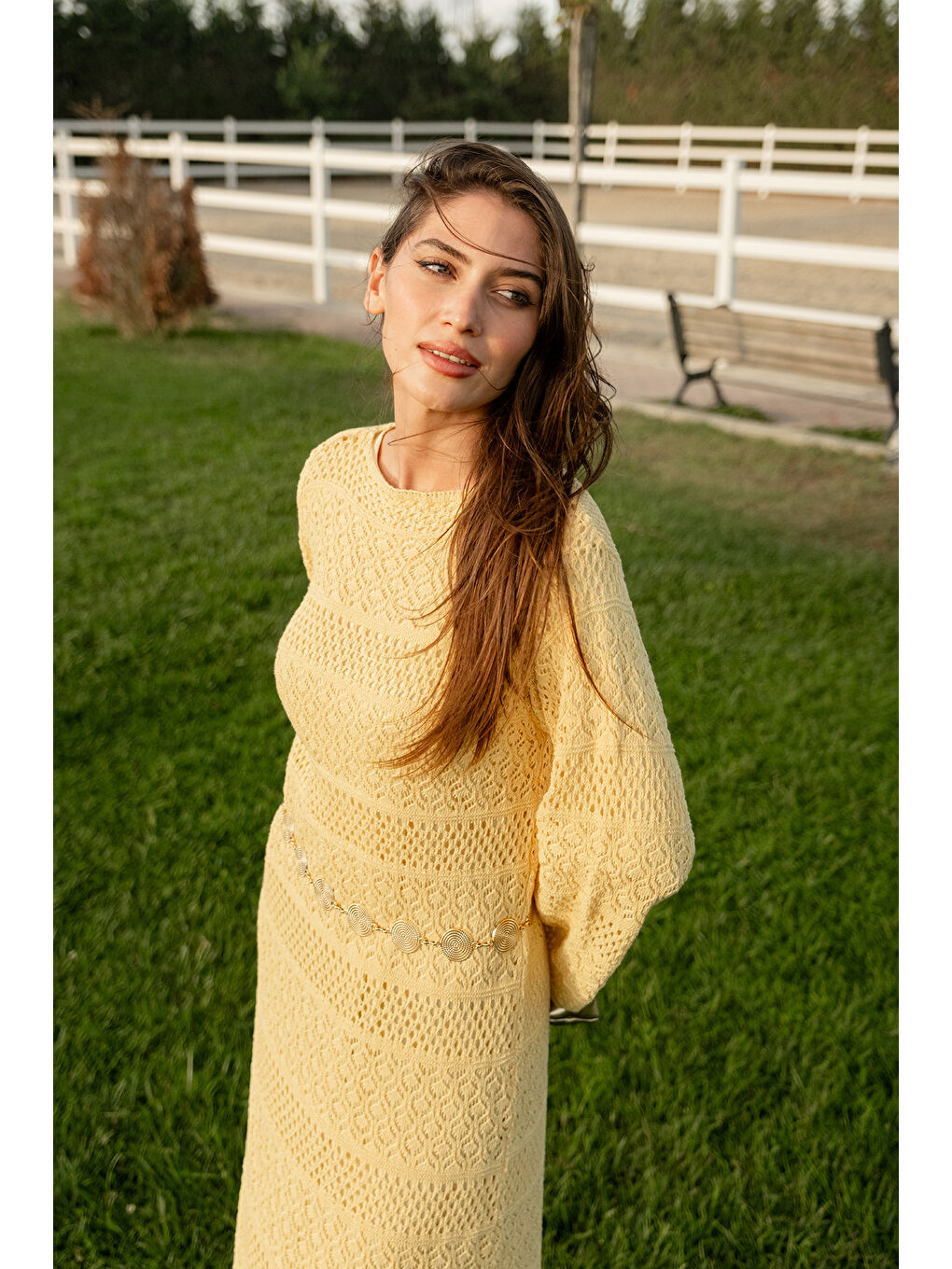 Kadın Ajur Kendinden Desenli Elbise Sarı-4