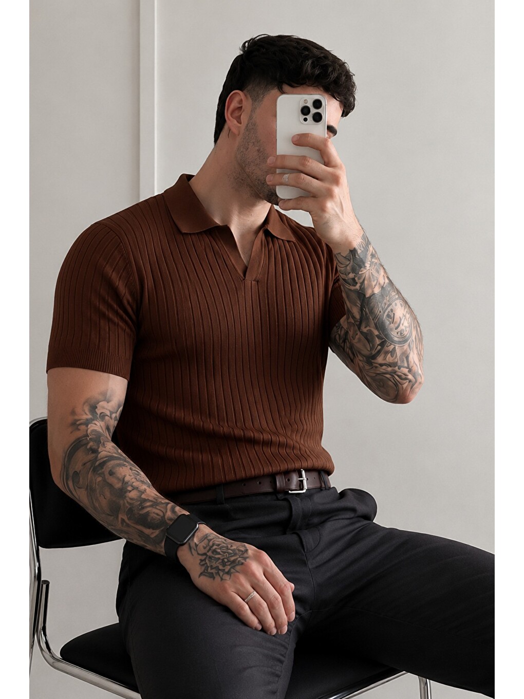 Kahverengi Premium Fitilli Triko Polo Yaka Erkek Old Money T-Shirt-1