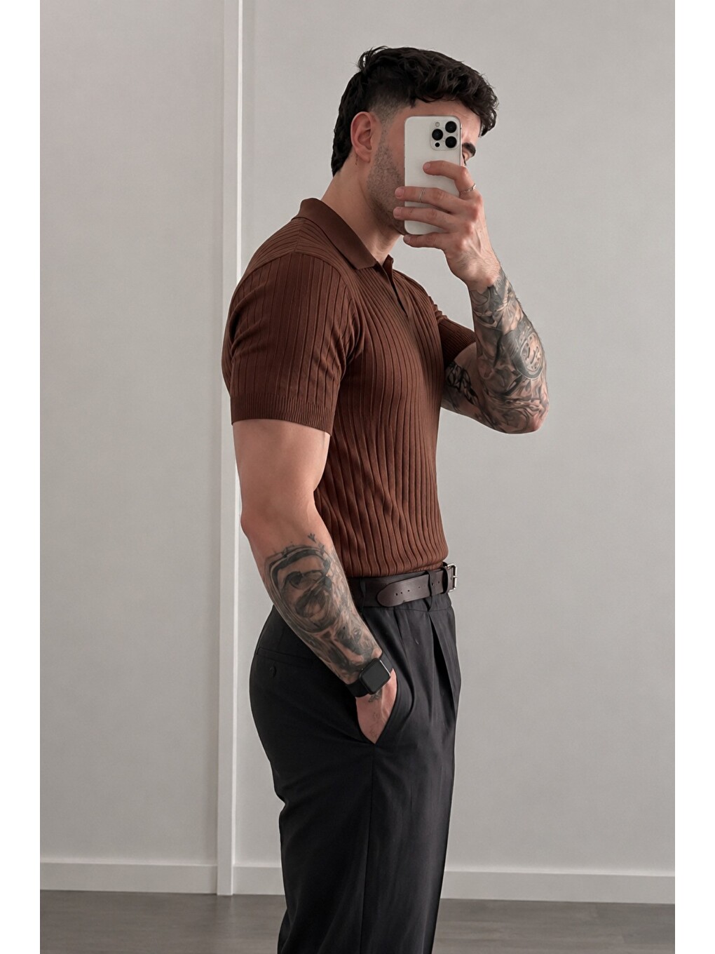 Kahverengi Premium Fitilli Triko Polo Yaka Erkek Old Money T-Shirt-2