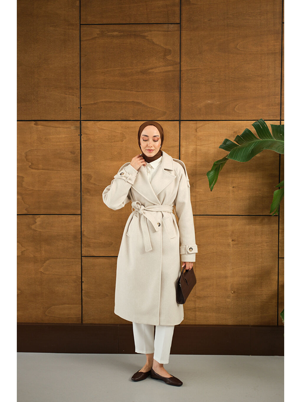 Ekru Kadın Düğme Detay Bel Bağlamalı Kaban Krem