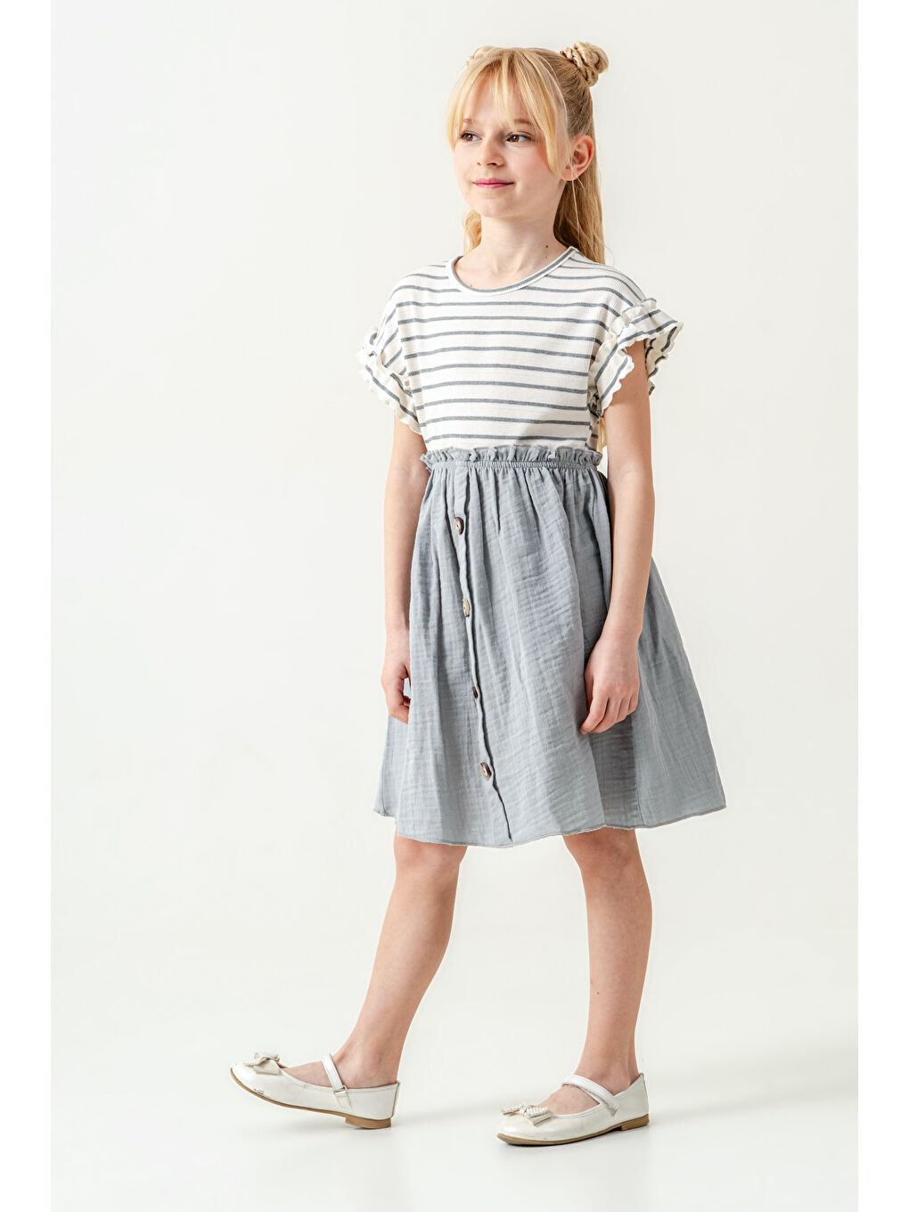 Kız Çocuk Çizgili Düğme Detaylı Elbise 3-7 Yaş Açık Gri 3800-3