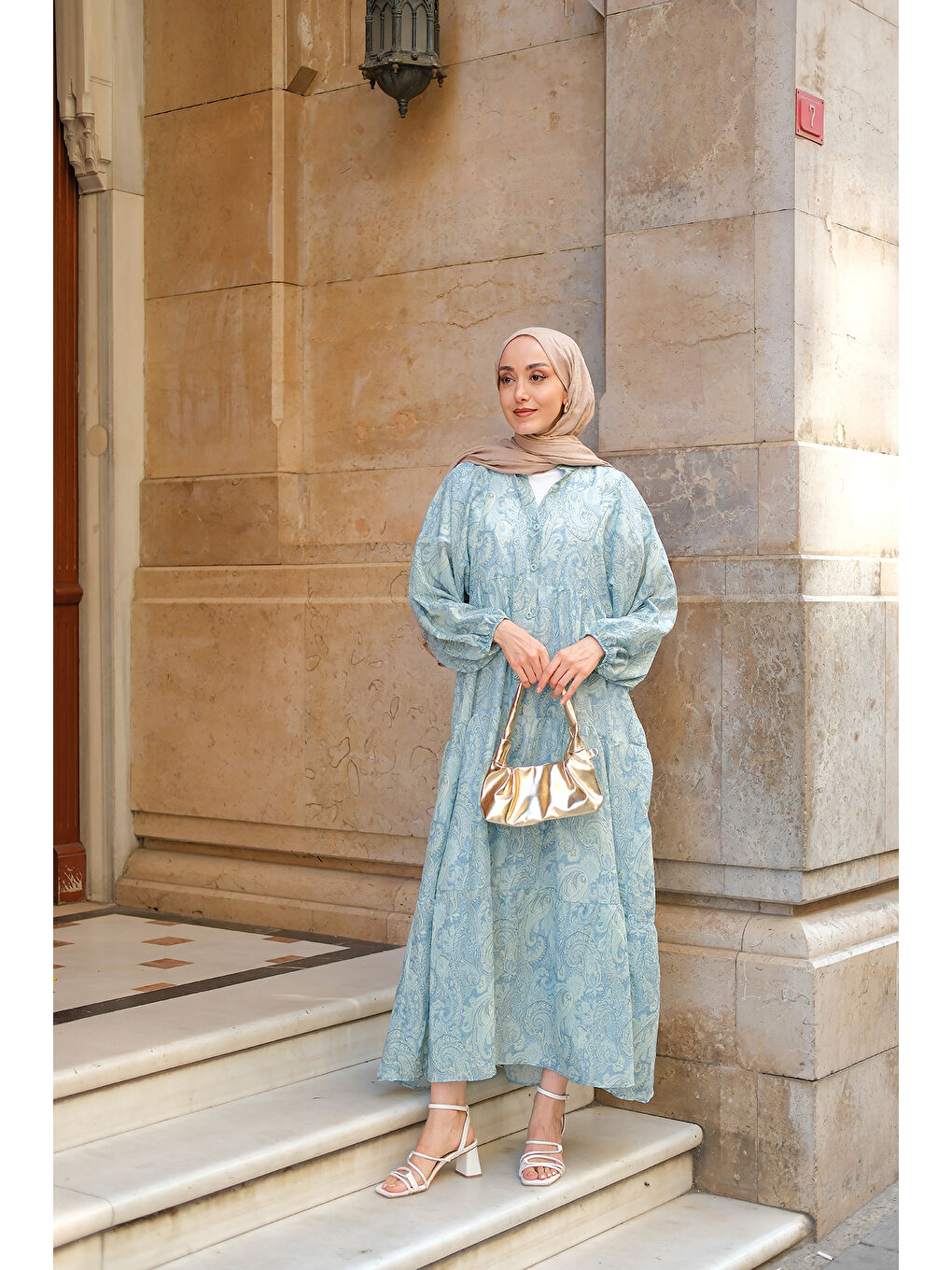 Kadın Cassime Desenli Elbise Turkuaz-1