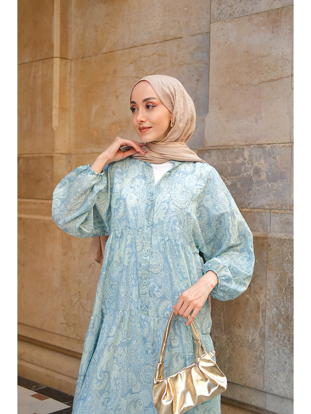 Kadın Cassime Desenli Elbise Turkuaz-2