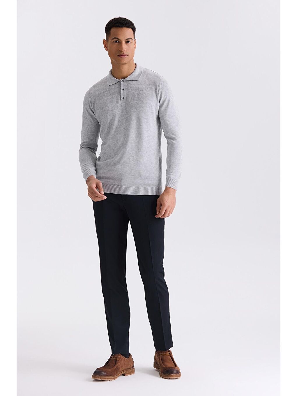 Gri Classic Fit Düğme Detaylı Polo Yaka Triko Kazak-1