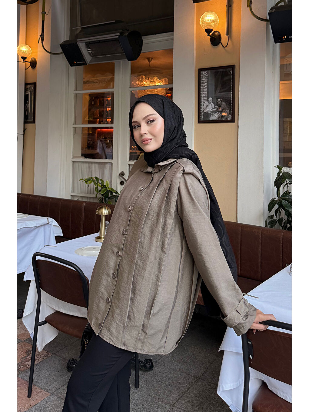 Bej Kadın Önü Pile Detaylı Gömlek Vizon-3