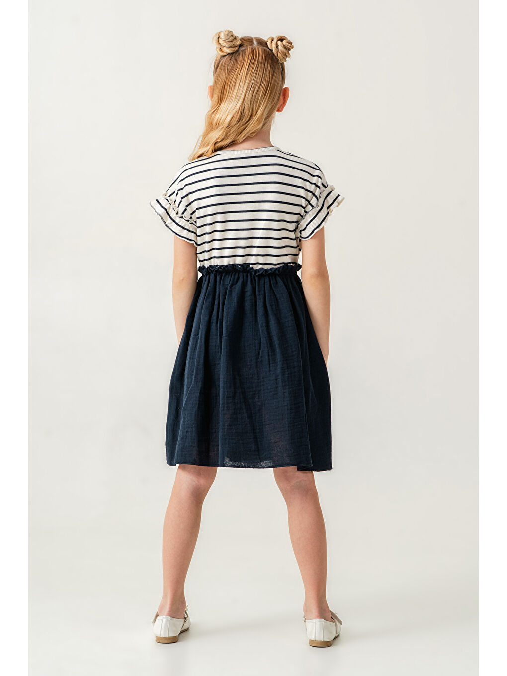 Kız Çocuk Çizgili Düğme Detaylı Elbise 3-7 Yaş Lacivert 3800-4-1