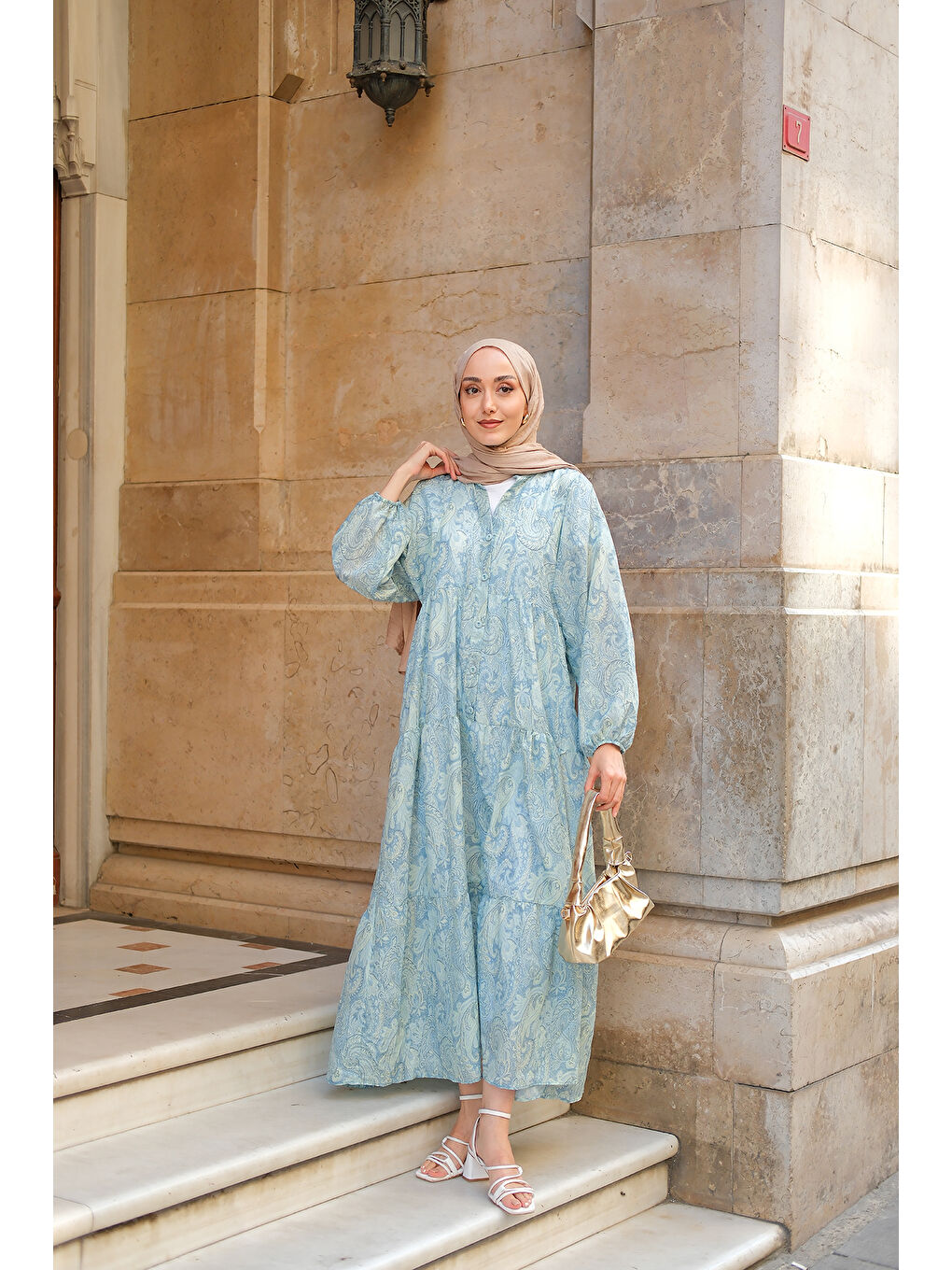 Kadın Cassime Desenli Elbise Turkuaz-3
