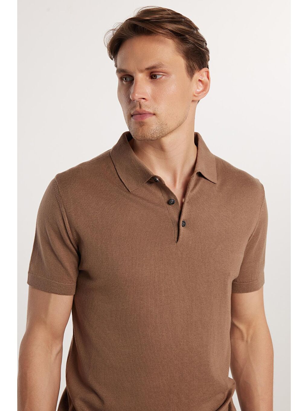 Bej Erkek Slim Fit Dar Kesim Pamuklu Örme Triko Vizon Polo Yaka Tişört-1