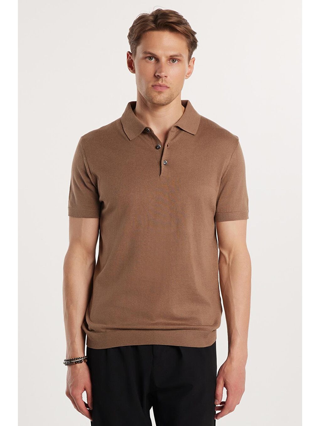 Bej Erkek Slim Fit Dar Kesim Pamuklu Örme Triko Vizon Polo Yaka Tişört-2