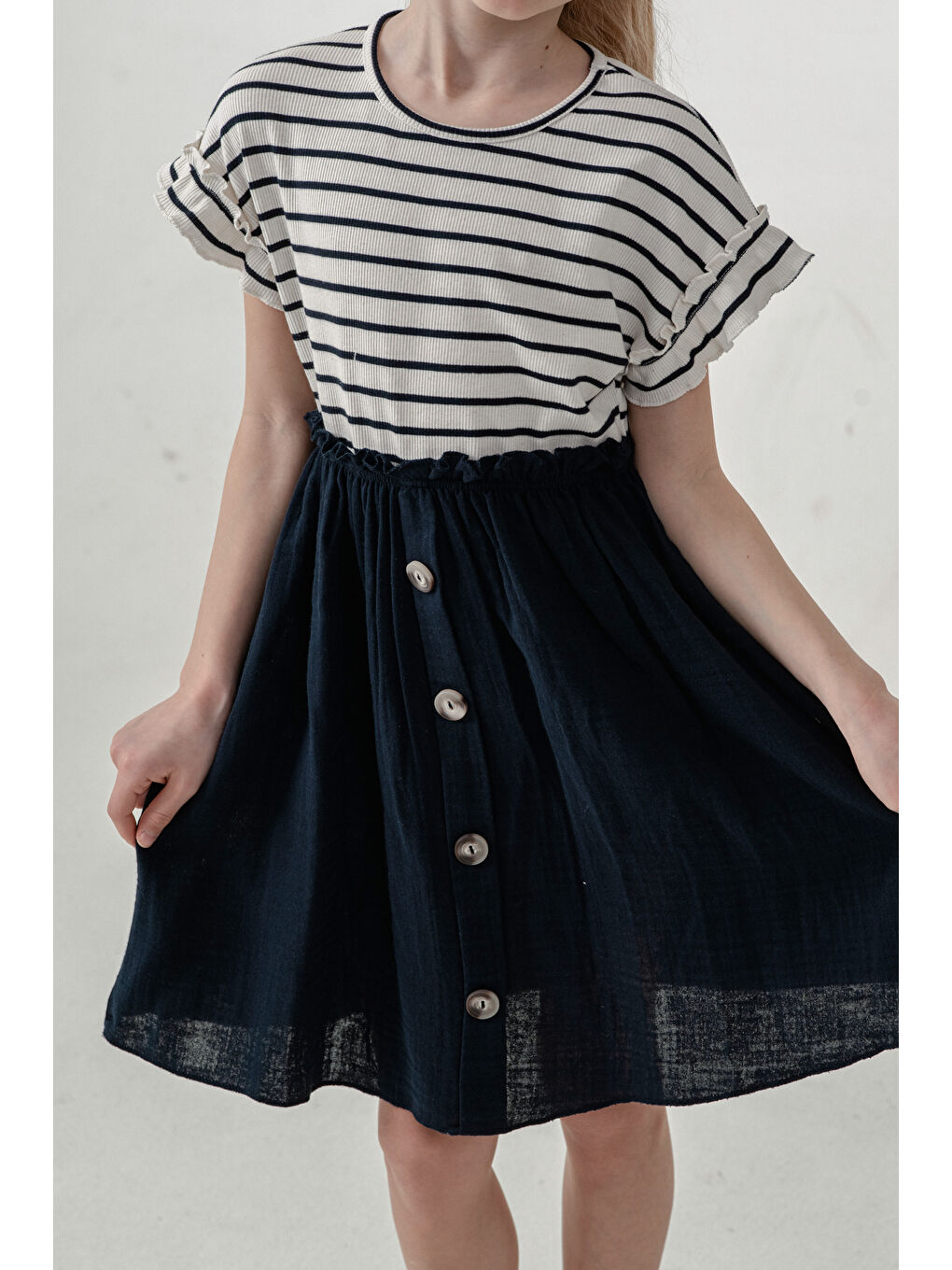 Kız Çocuk Çizgili Düğme Detaylı Elbise 3-7 Yaş Lacivert 3800-4-2