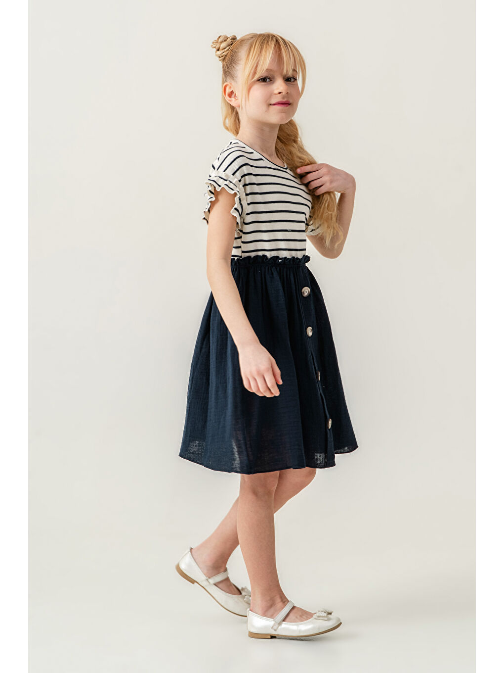 Kız Çocuk Çizgili Düğme Detaylı Elbise 3-7 Yaş Lacivert 3800-4-3