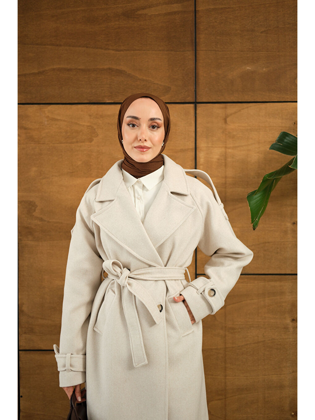 Ekru Kadın Düğme Detay Bel Bağlamalı Kaban Krem-1