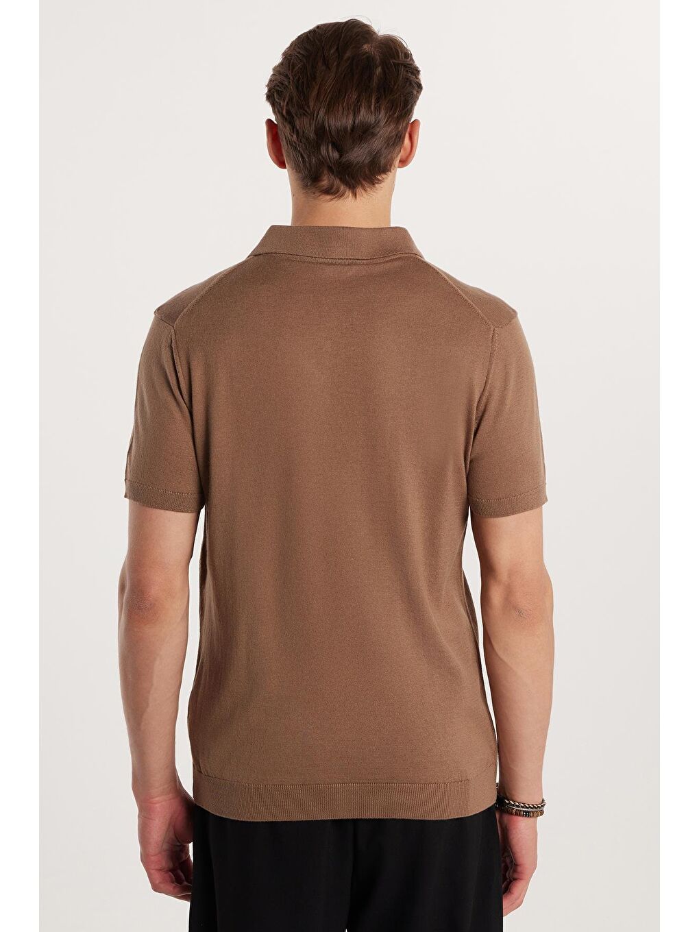 Bej Erkek Slim Fit Dar Kesim Pamuklu Örme Triko Vizon Polo Yaka Tişört-4