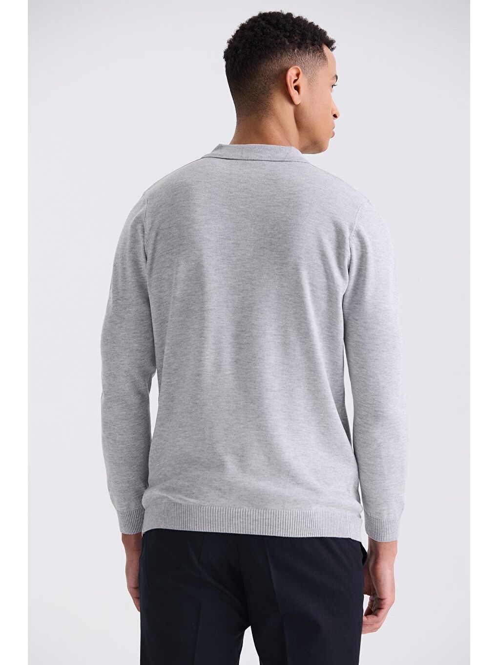 Gri Classic Fit Düğme Detaylı Polo Yaka Triko Kazak-3