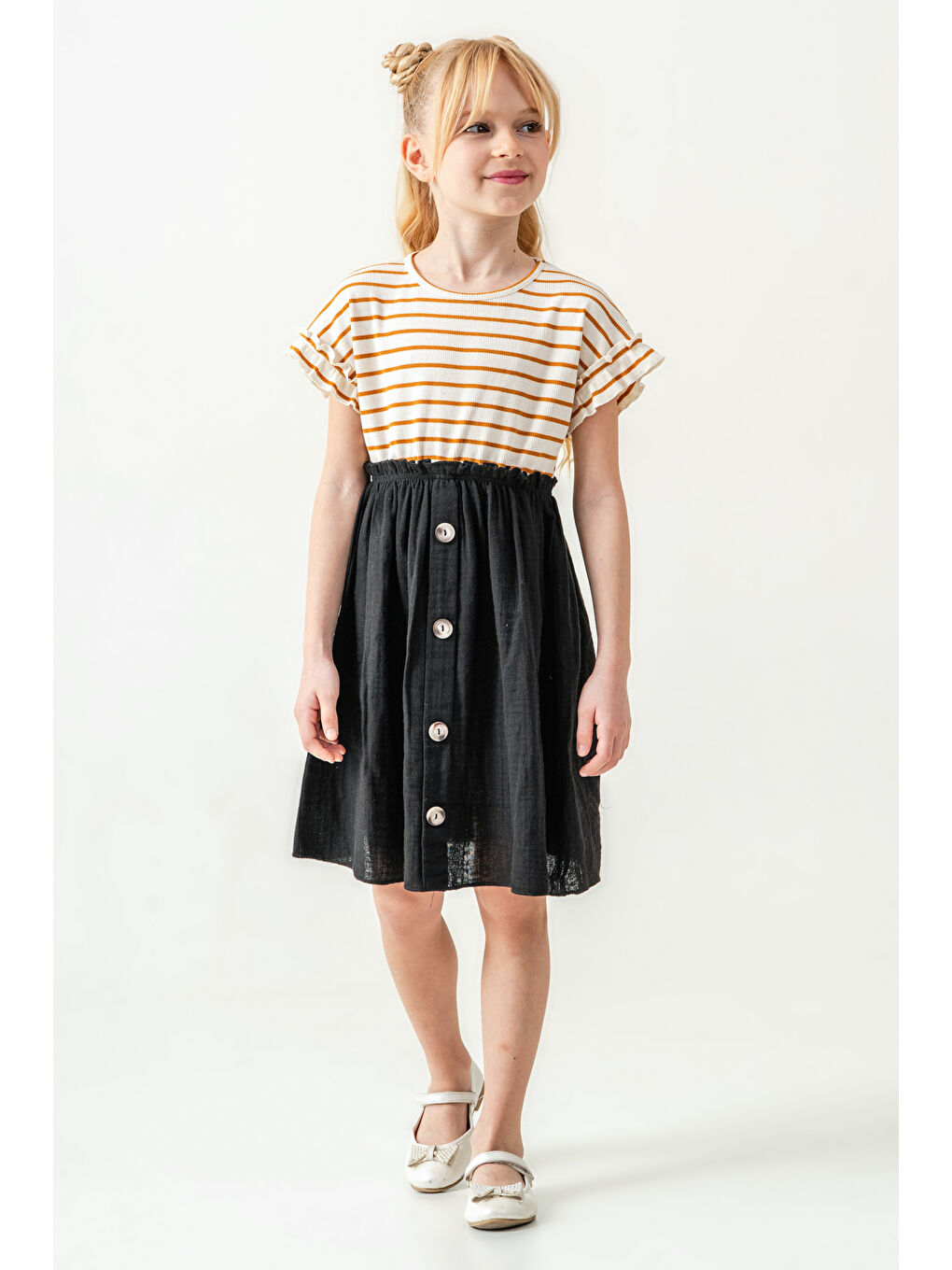 Sarı Kız Çocuk Çizgili Düğme Detaylı Elbise 3-7 Yaş Hardal 3800-2