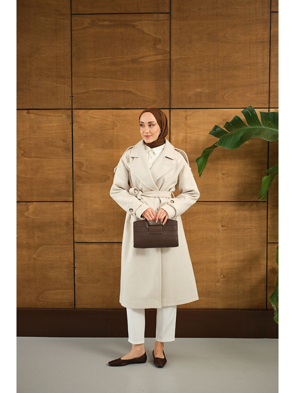 Ekru Kadın Düğme Detay Bel Bağlamalı Kaban Krem-2