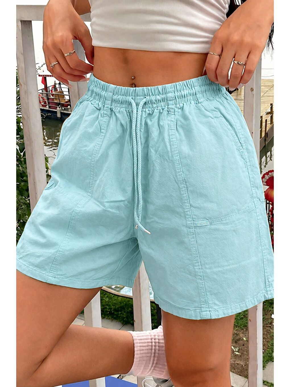 Turkuaz Kadın %100 Pamuk Lastikli Bel Rahat Kesim Yazlık Şort