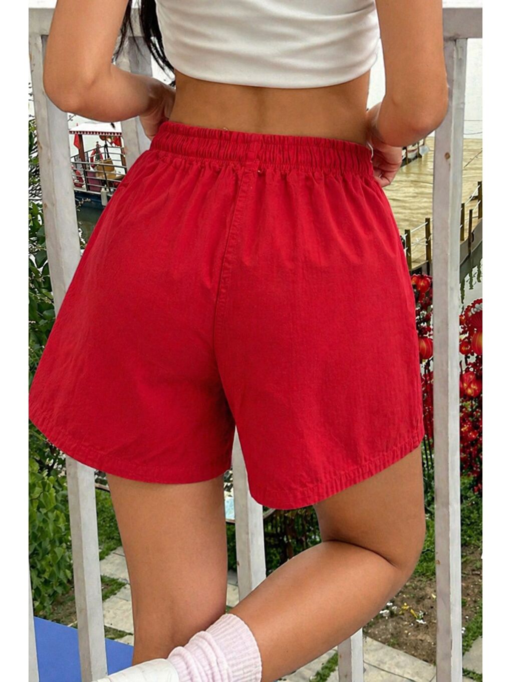 Kırmızı Kadın %100 Pamuk Lastikli Bel Rahat Kesim Yazlık Şort-1