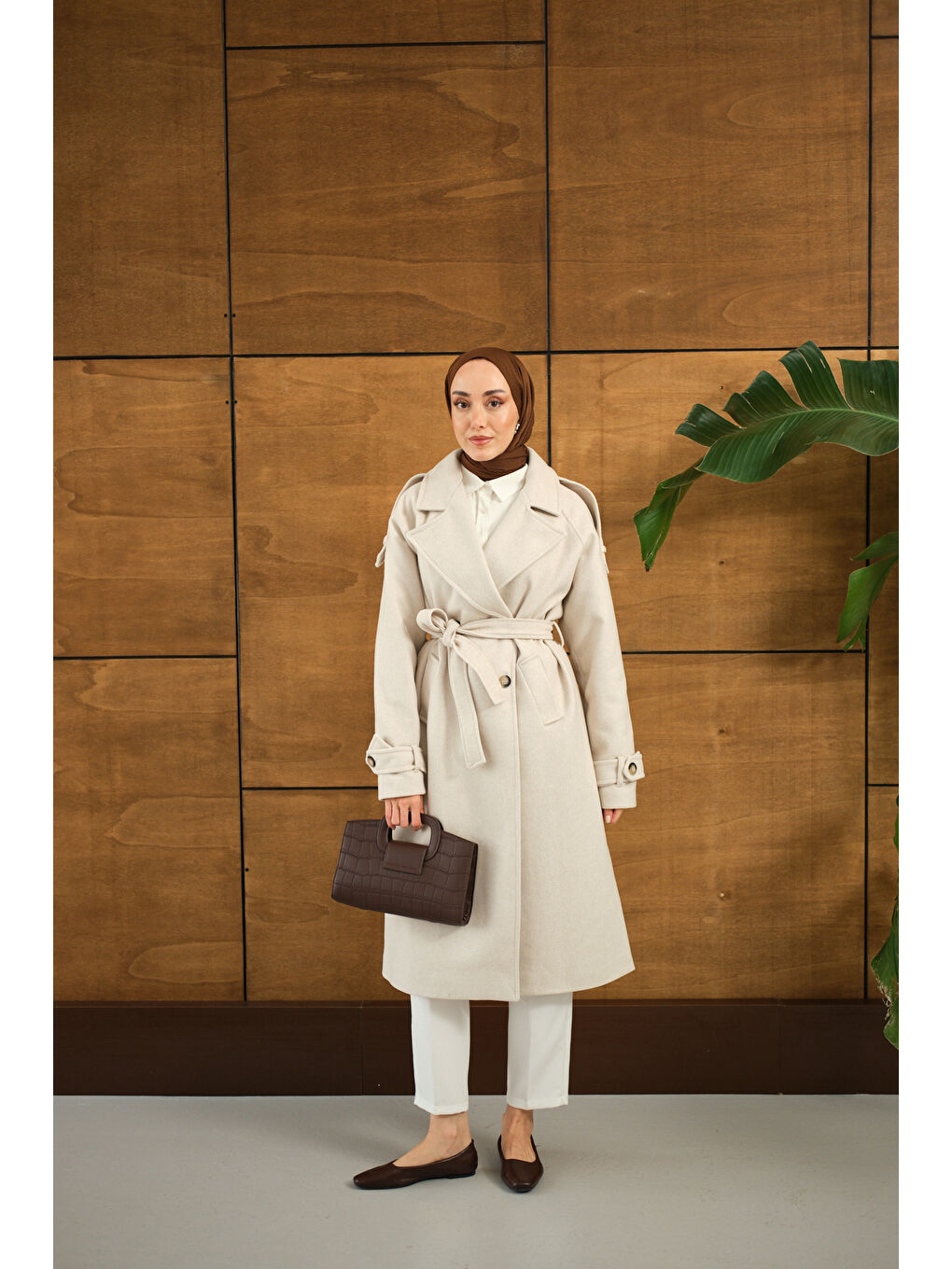 Ekru Kadın Düğme Detay Bel Bağlamalı Kaban Krem-3