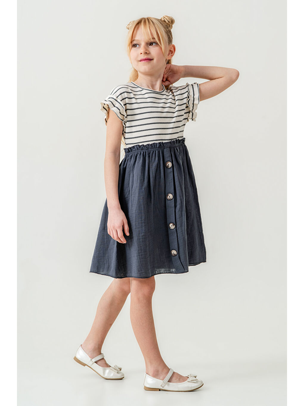Kız Çocuk Çizgili Düğme Detaylı Elbise 3-7 Yaş Antrasit 3800-1