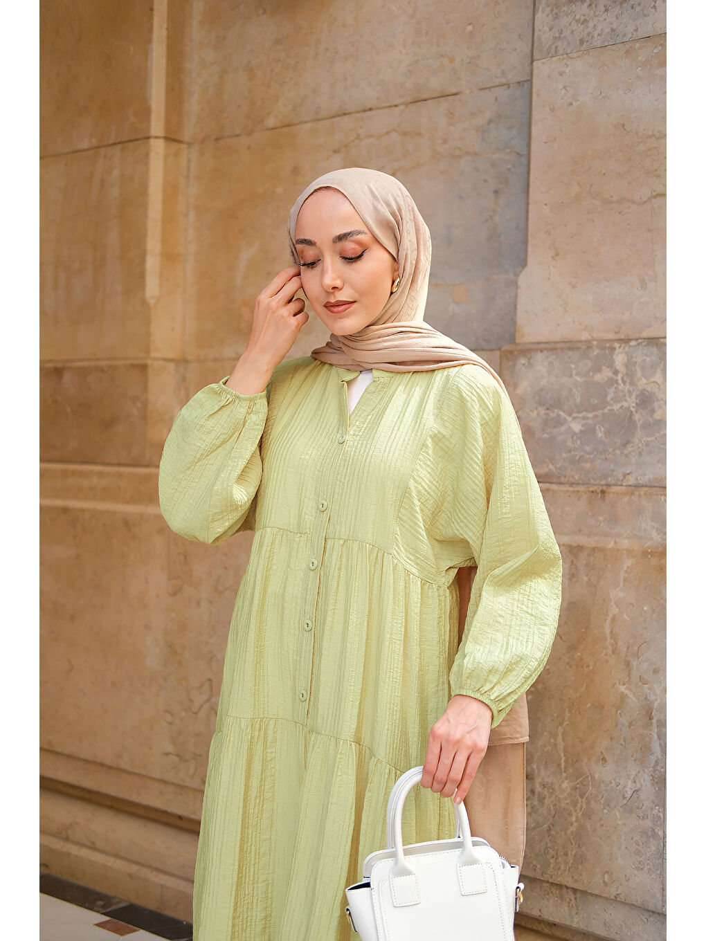 Kadın Kendinden Desenli Elbise Yağ Yeşil-1