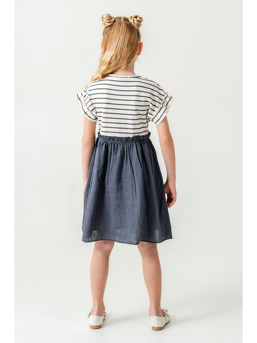 Kız Çocuk Çizgili Düğme Detaylı Elbise 3-7 Yaş Antrasit 3800-1-1