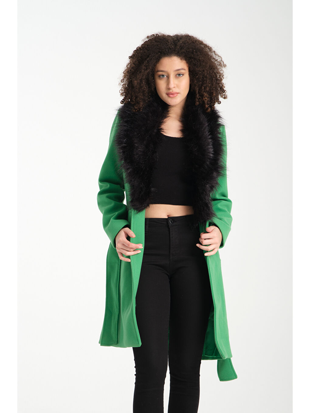 Yeşil Kadın Kürklü Kaşe Kaban K38-2