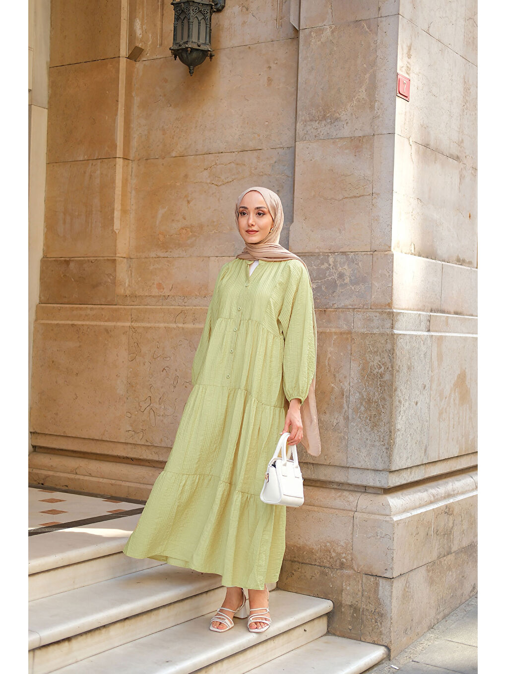 Kadın Kendinden Desenli Elbise Yağ Yeşil-2