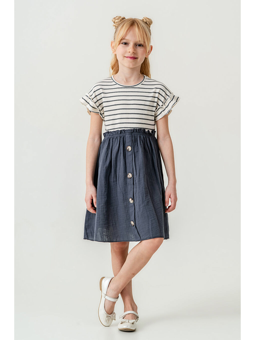 Kız Çocuk Çizgili Düğme Detaylı Elbise 3-7 Yaş Antrasit 3800-1-3