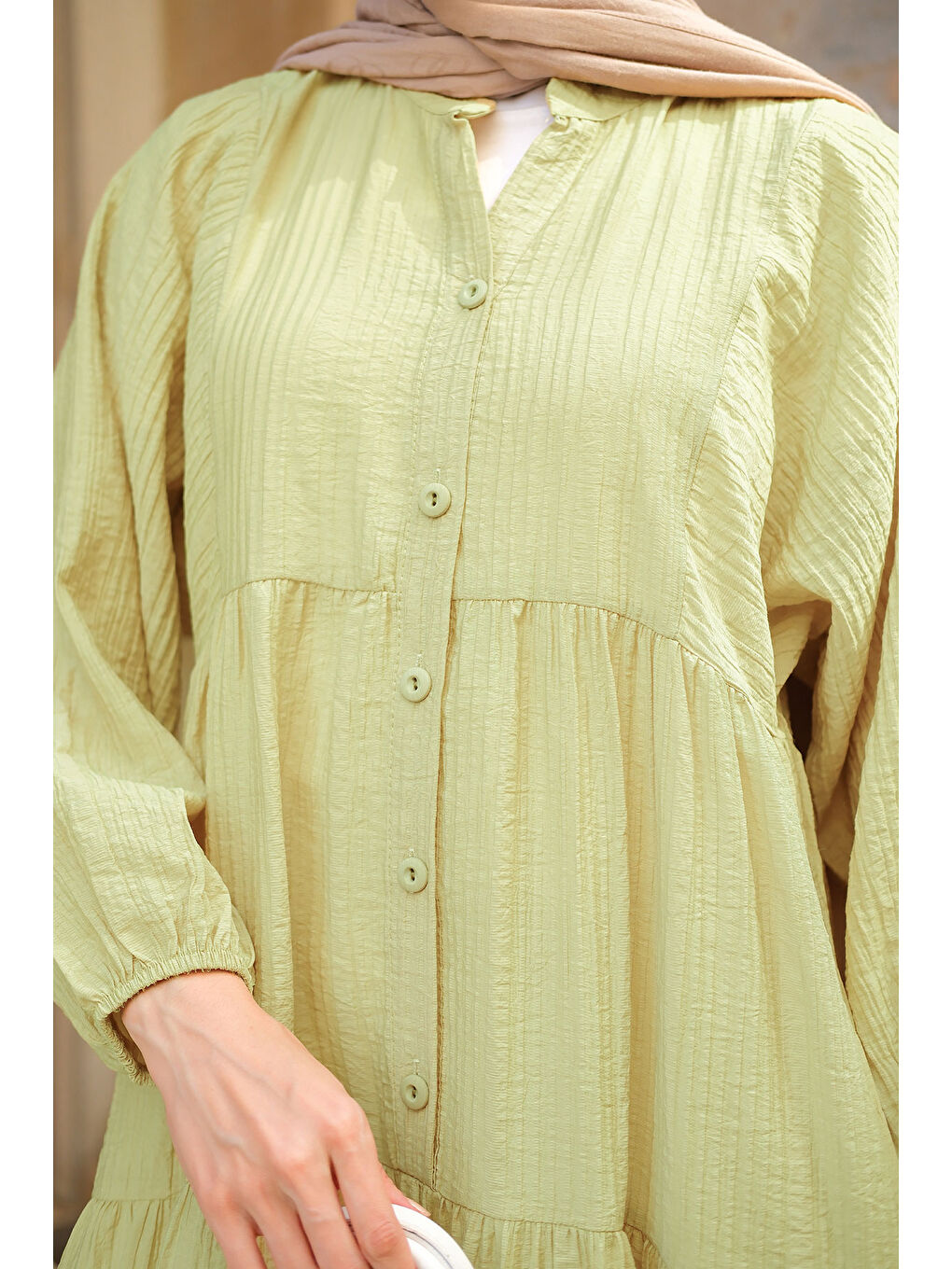 Kadın Kendinden Desenli Elbise Yağ Yeşil-3