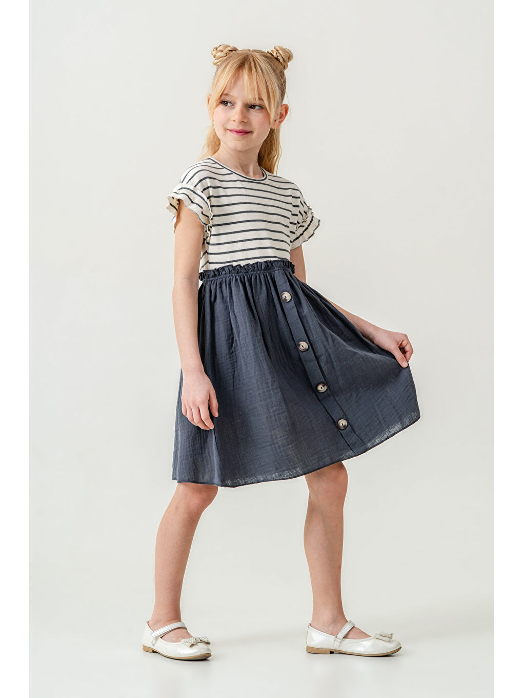 Kız Çocuk Çizgili Düğme Detaylı Elbise 3-7 Yaş Antrasit 3800-1-4