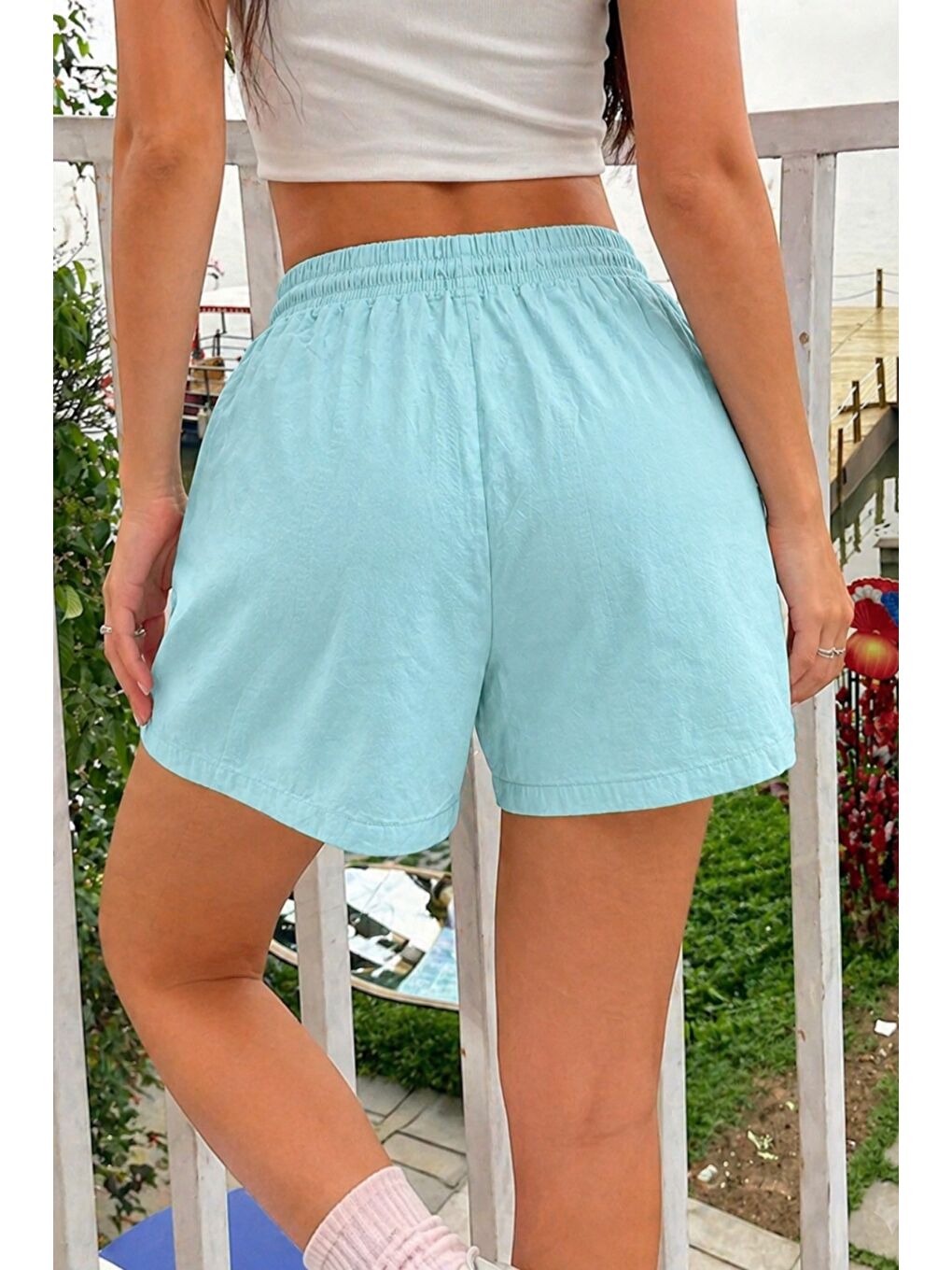 Turkuaz Kadın %100 Pamuk Lastikli Bel Rahat Kesim Yazlık Şort-1