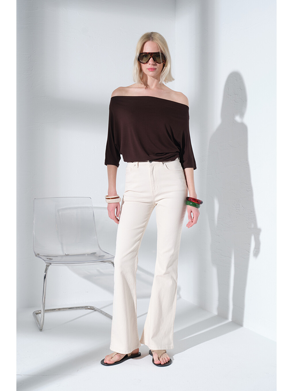 Kahverengi Tek Omuz Kayık Yaka Soft Touch Premium Yarasa Kısa Kollu Örme Kadın Tişört Bluz @Emilia-5
