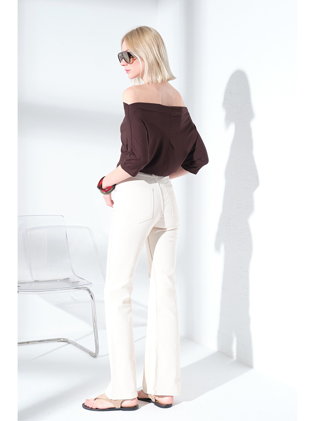 Kahverengi Tek Omuz Kayık Yaka Soft Touch Premium Yarasa Kısa Kollu Örme Kadın Tişört Bluz @Emilia-7