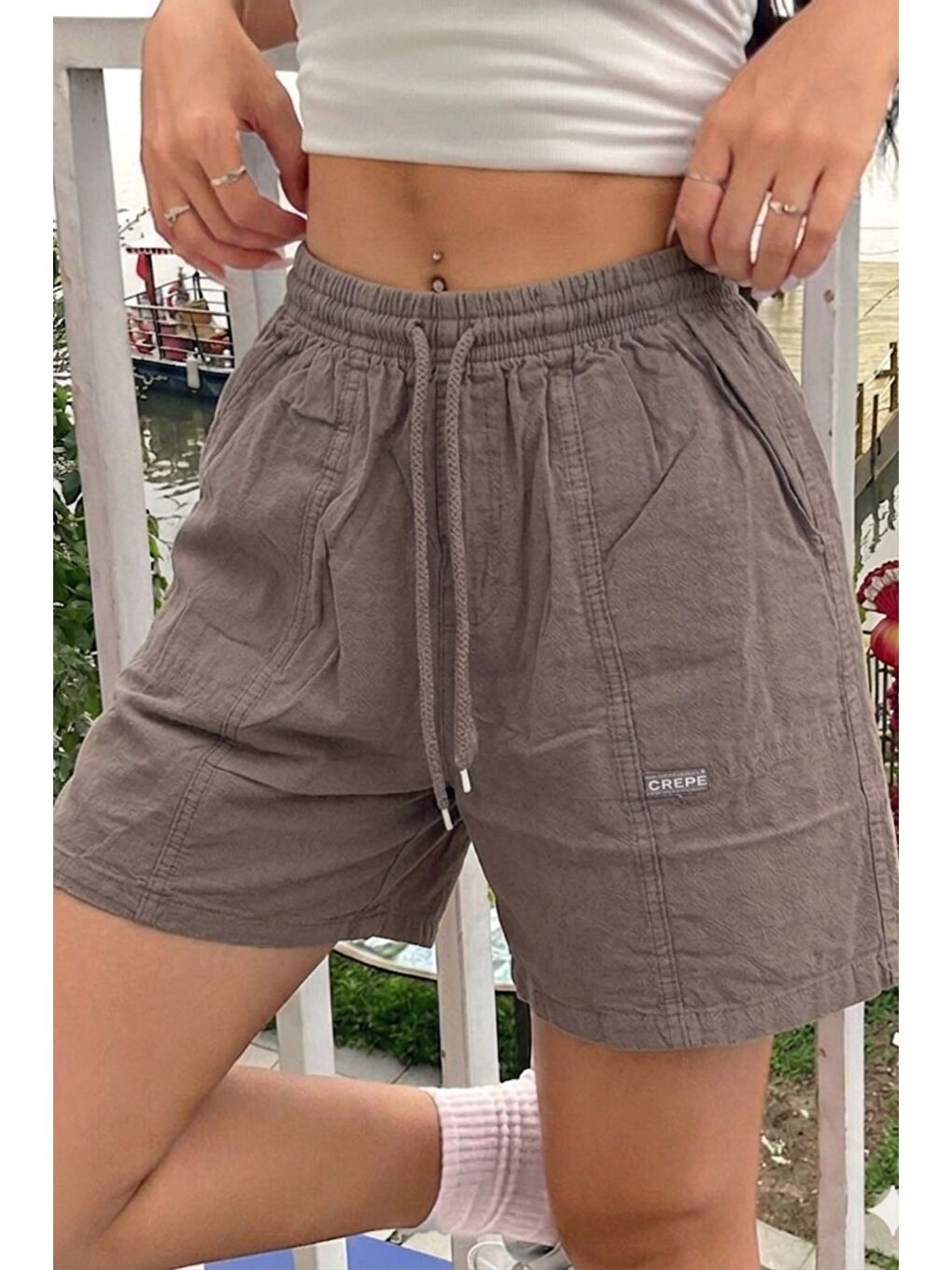 Kahverengi Kadın %100 Pamuk Lastikli Bel Rahat Kesim Yazlık Şort