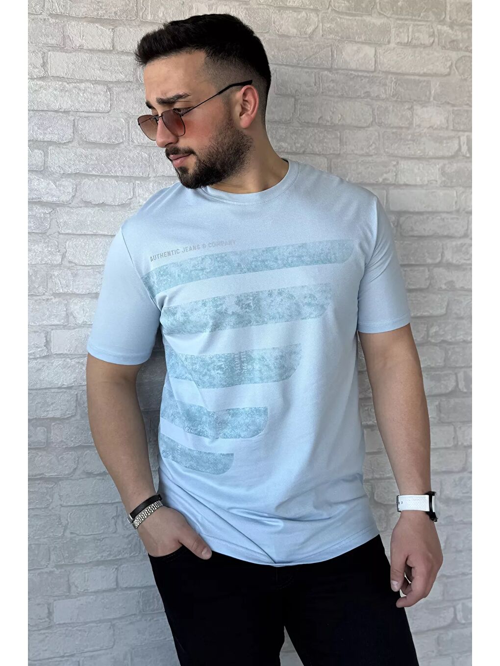 Mavi Baskılı Erkek Tişört