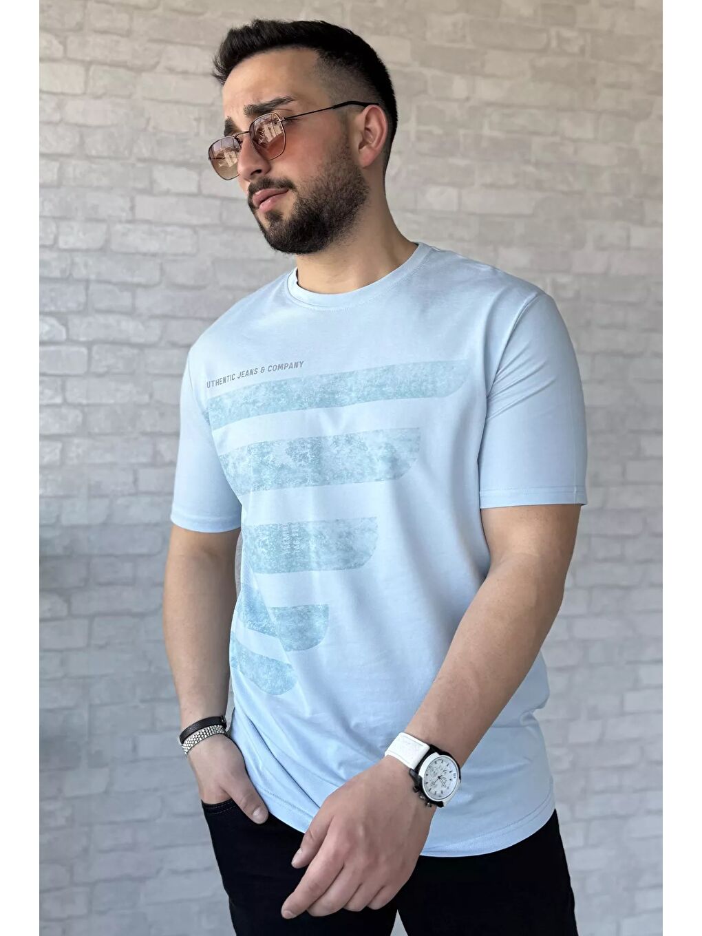 Mavi Baskılı Erkek Tişört-1