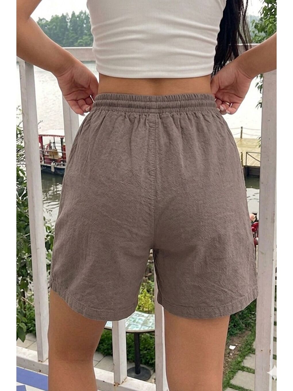 Kahverengi Kadın %100 Pamuk Lastikli Bel Rahat Kesim Yazlık Şort-1